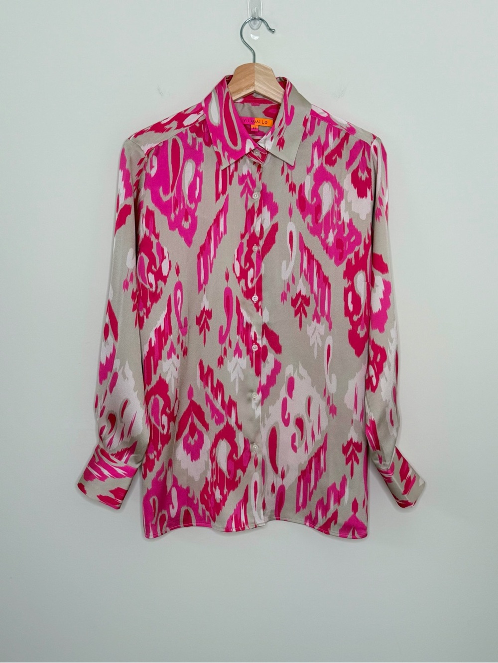 Vilagallo Rosa Fresa Ikat Print Tunic Button Down Shirt Pink Tan Size Large - Picture 3 of 11